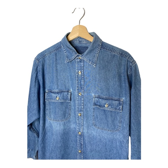 Vintage Blank Plain Denim Jean Button Up Shirt L - Picture 2 of 7